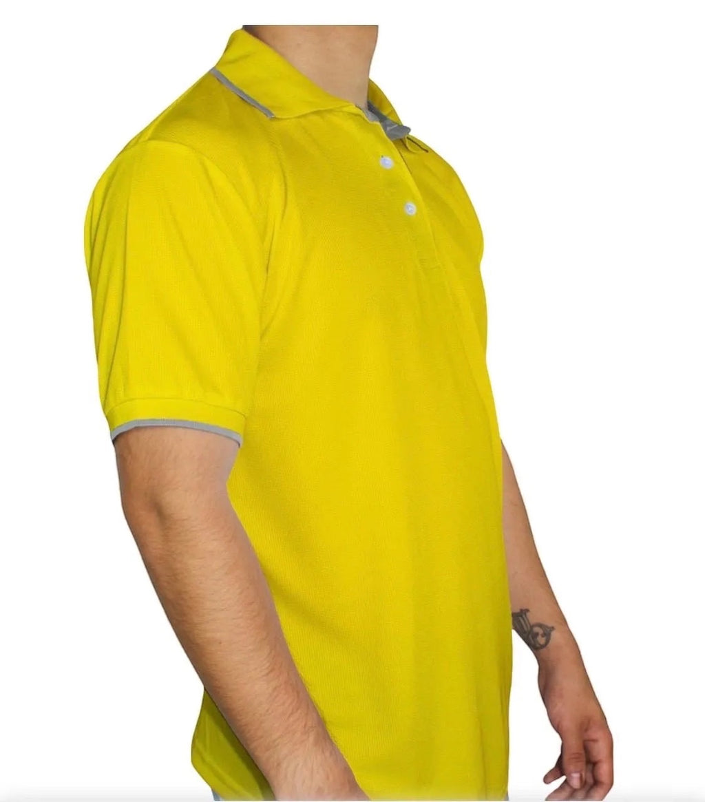The Beauty Closet men's yellow short sleeve polo shirt with grey collar and cuff trim, textured fabric, and two-button placket.